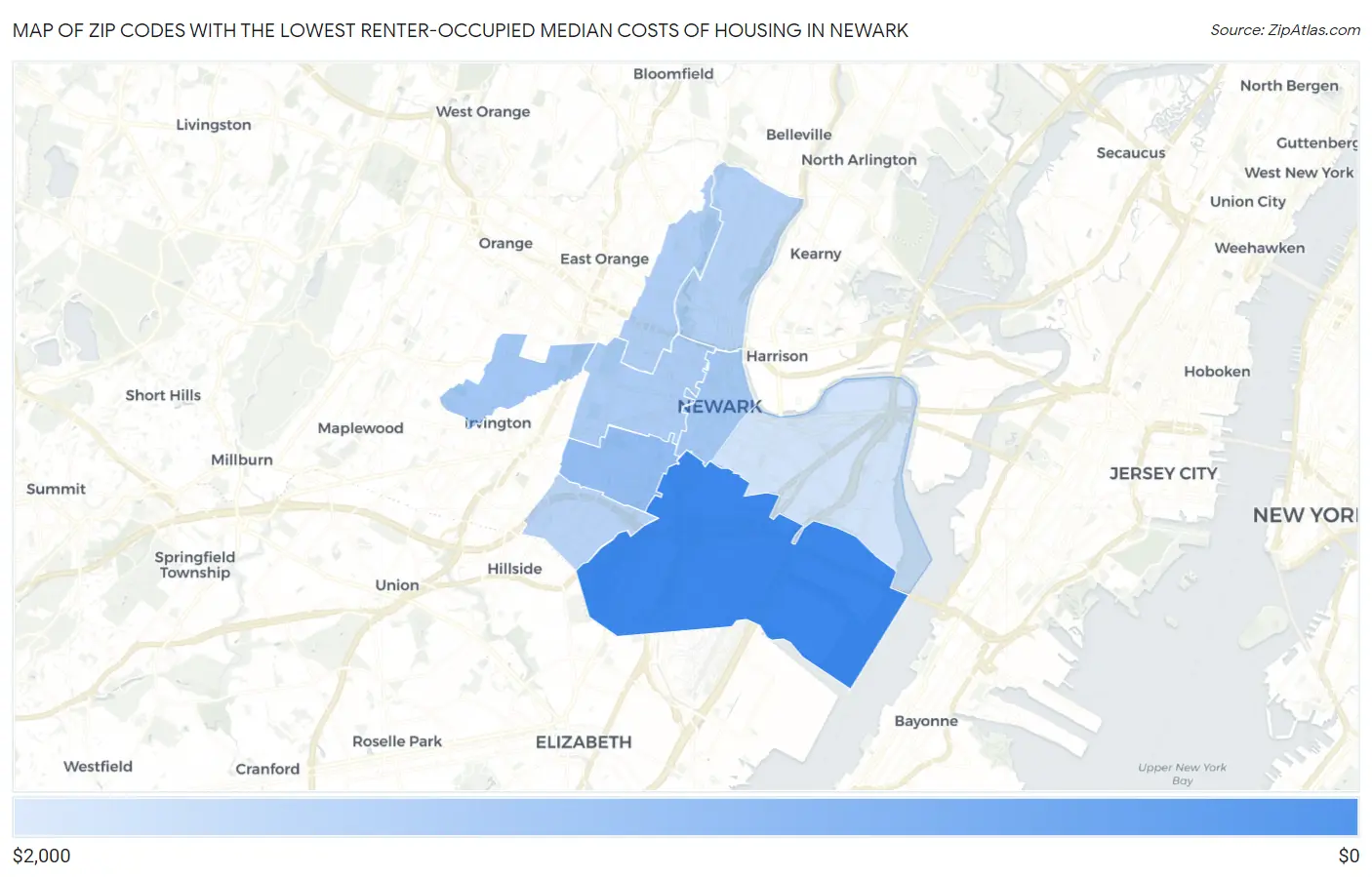 Zip Codes with the Lowest Renter-Occupied Median Costs of Housing in Newark Map