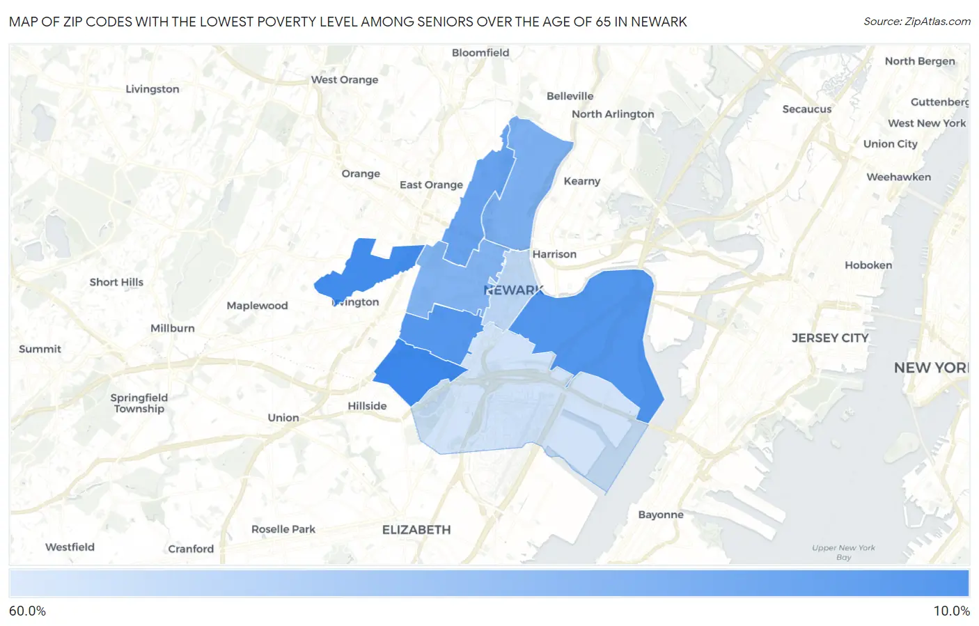 Zip Codes with the Lowest Poverty Level Among Seniors Over the Age of 65 in Newark Map