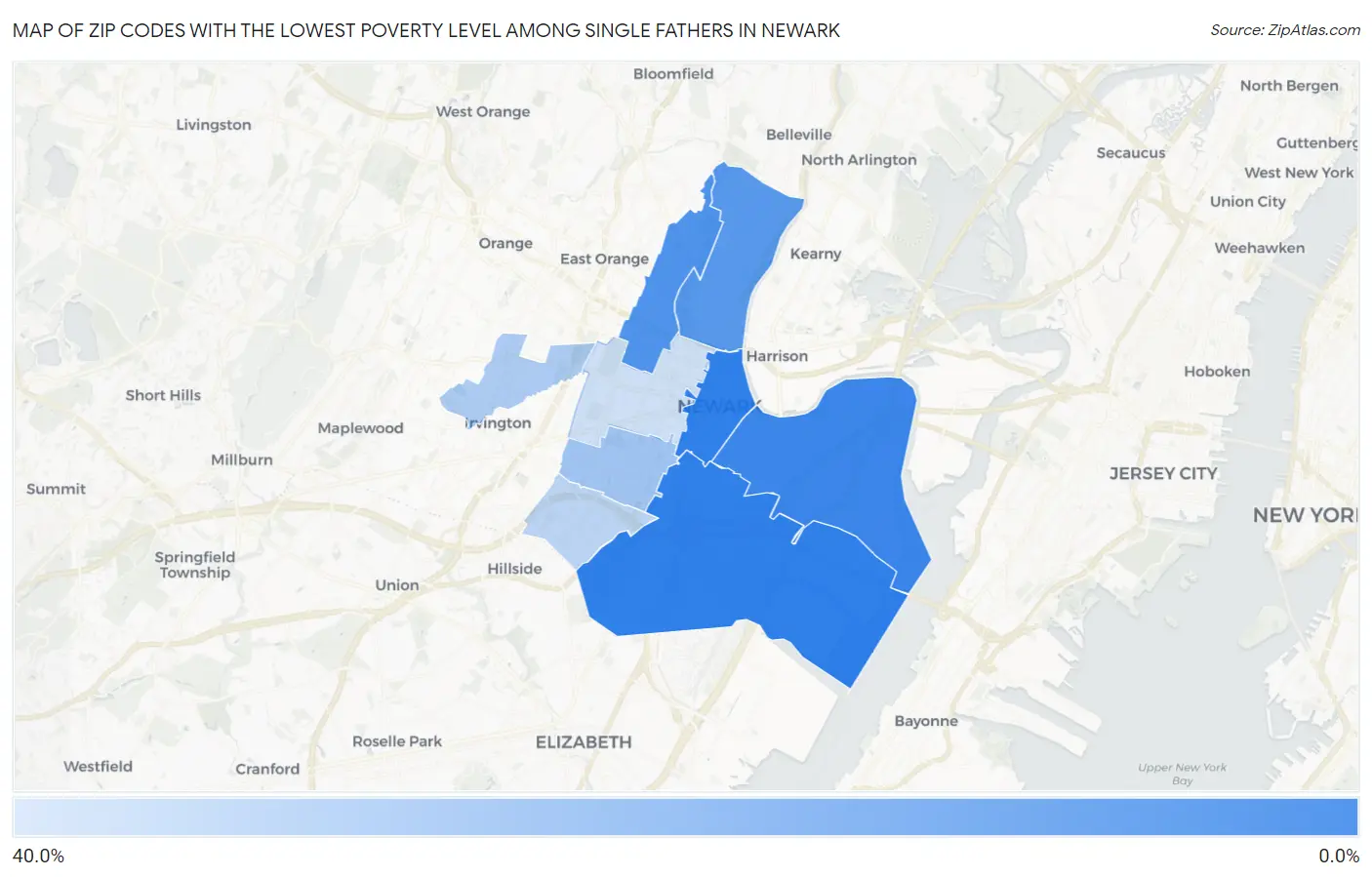 Zip Codes with the Lowest Poverty Level Among Single Fathers in Newark Map
