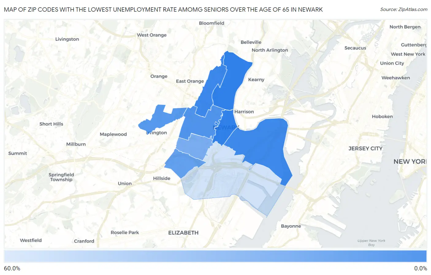 Zip Codes with the Lowest Unemployment Rate Amomg Seniors Over the Age of 65 in Newark Map
