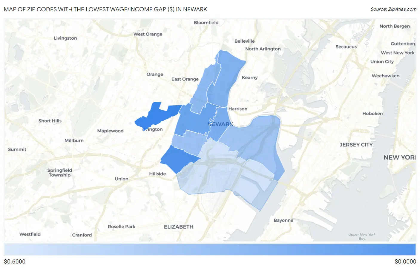 Zip Codes with the Lowest Wage/Income Gap ($) in Newark Map