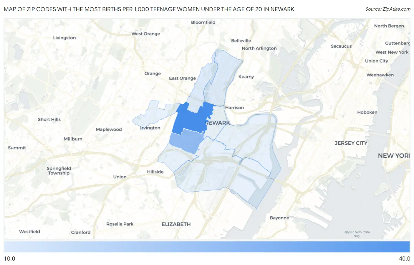 Zip Codes with the Most Births per 1,000 Teenage Women Under the Age of 20 in Newark Map