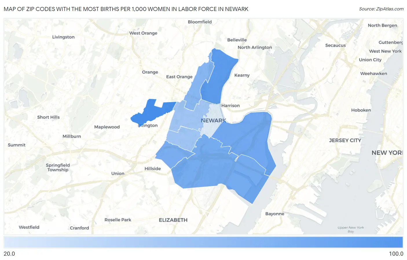 Zip Codes with the Most Births per 1,000 Women in Labor Force in Newark Map