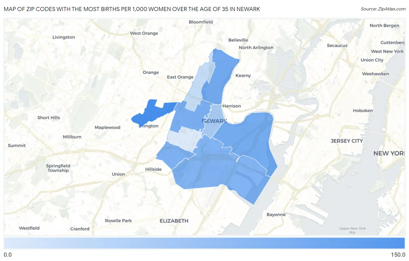 Zip Codes with the Most Births per 1,000 Women Over the Age of 35 in Newark Map