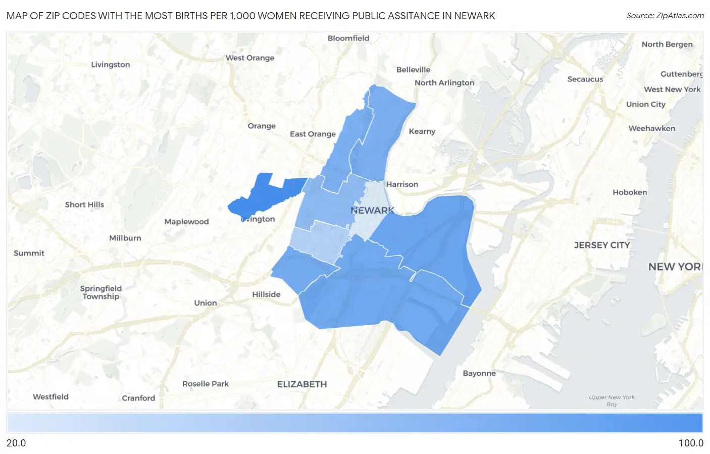 Zip Codes with the Most Births per 1,000 Women Receiving Public Assitance in Newark Map