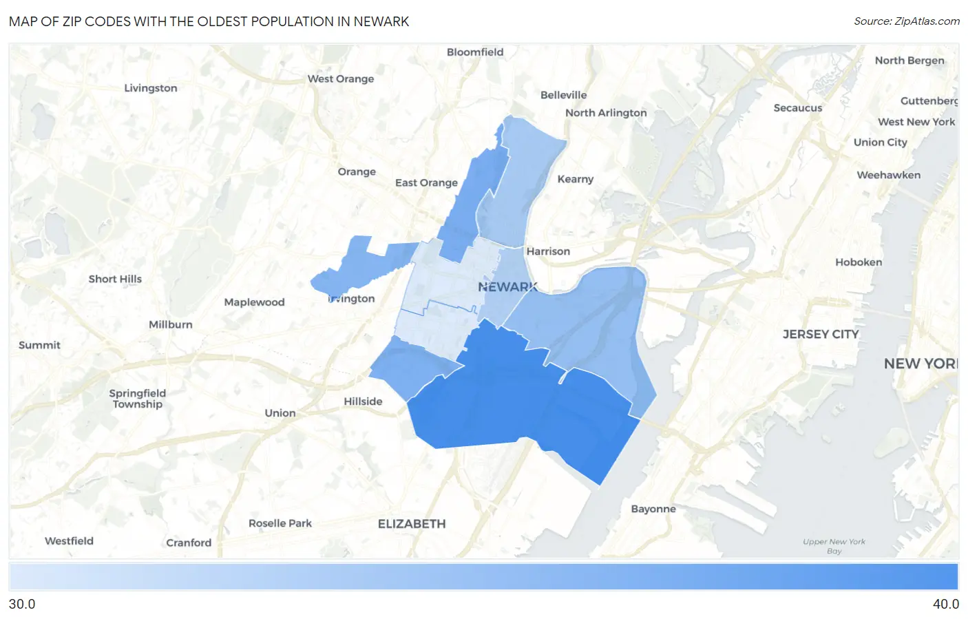 Zip Codes with the Oldest Population in Newark Map