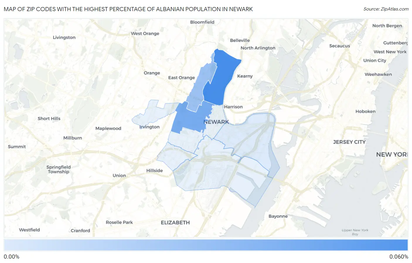 Zip Codes with the Highest Percentage of Albanian Population in Newark Map