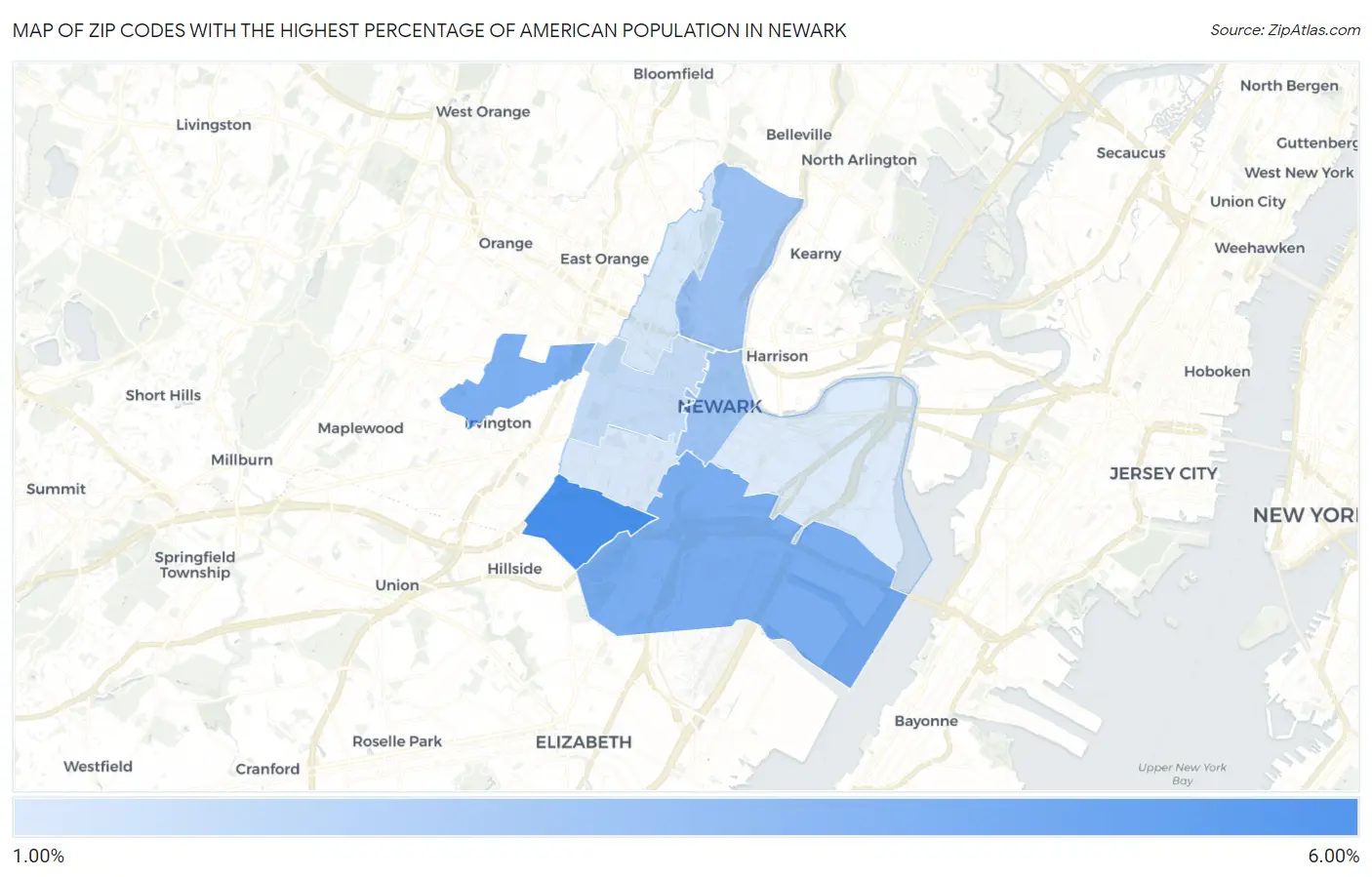Zip Codes with the Highest Percentage of American Population in Newark Map