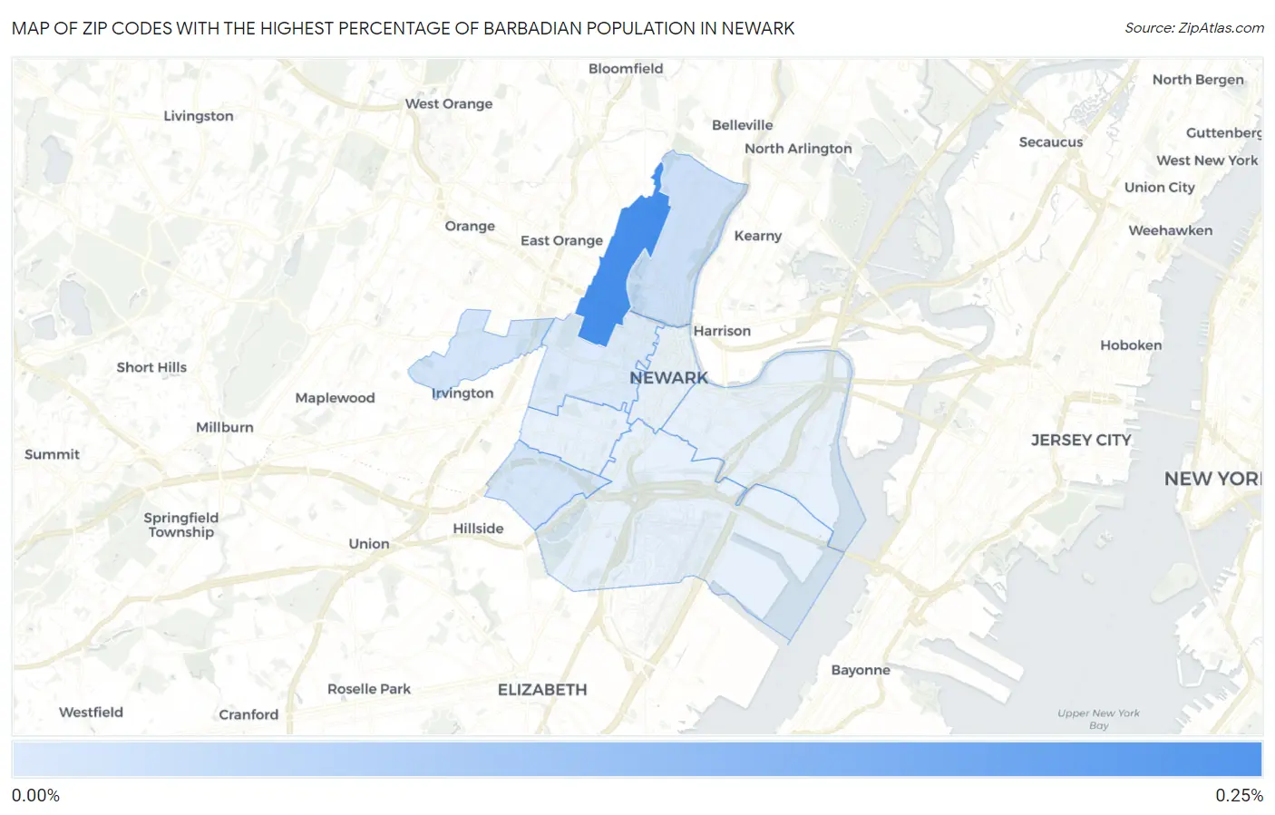 Zip Codes with the Highest Percentage of Barbadian Population in Newark Map