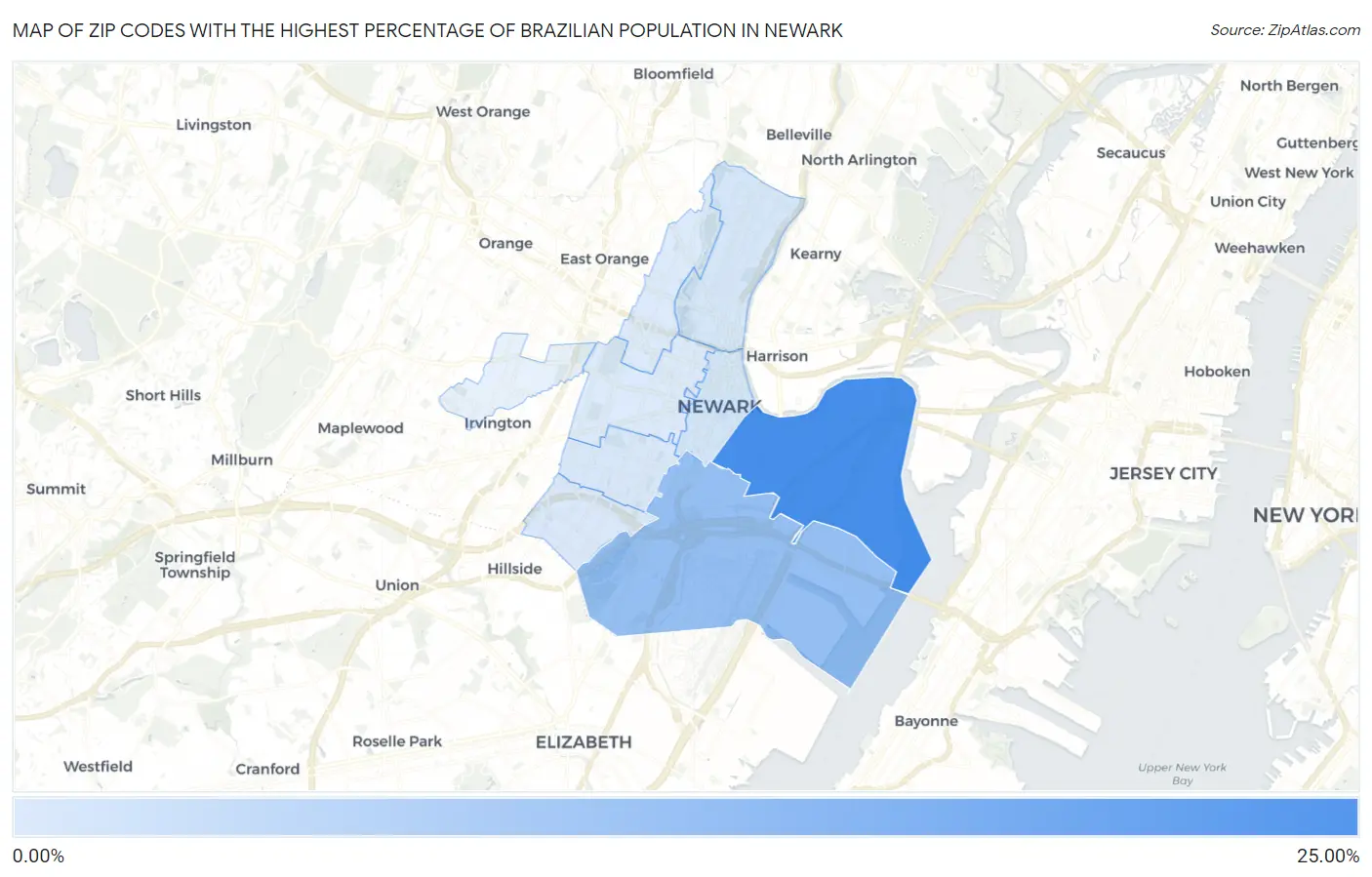 Zip Codes with the Highest Percentage of Brazilian Population in Newark Map