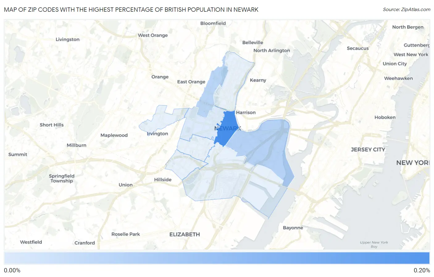 Zip Codes with the Highest Percentage of British Population in Newark Map