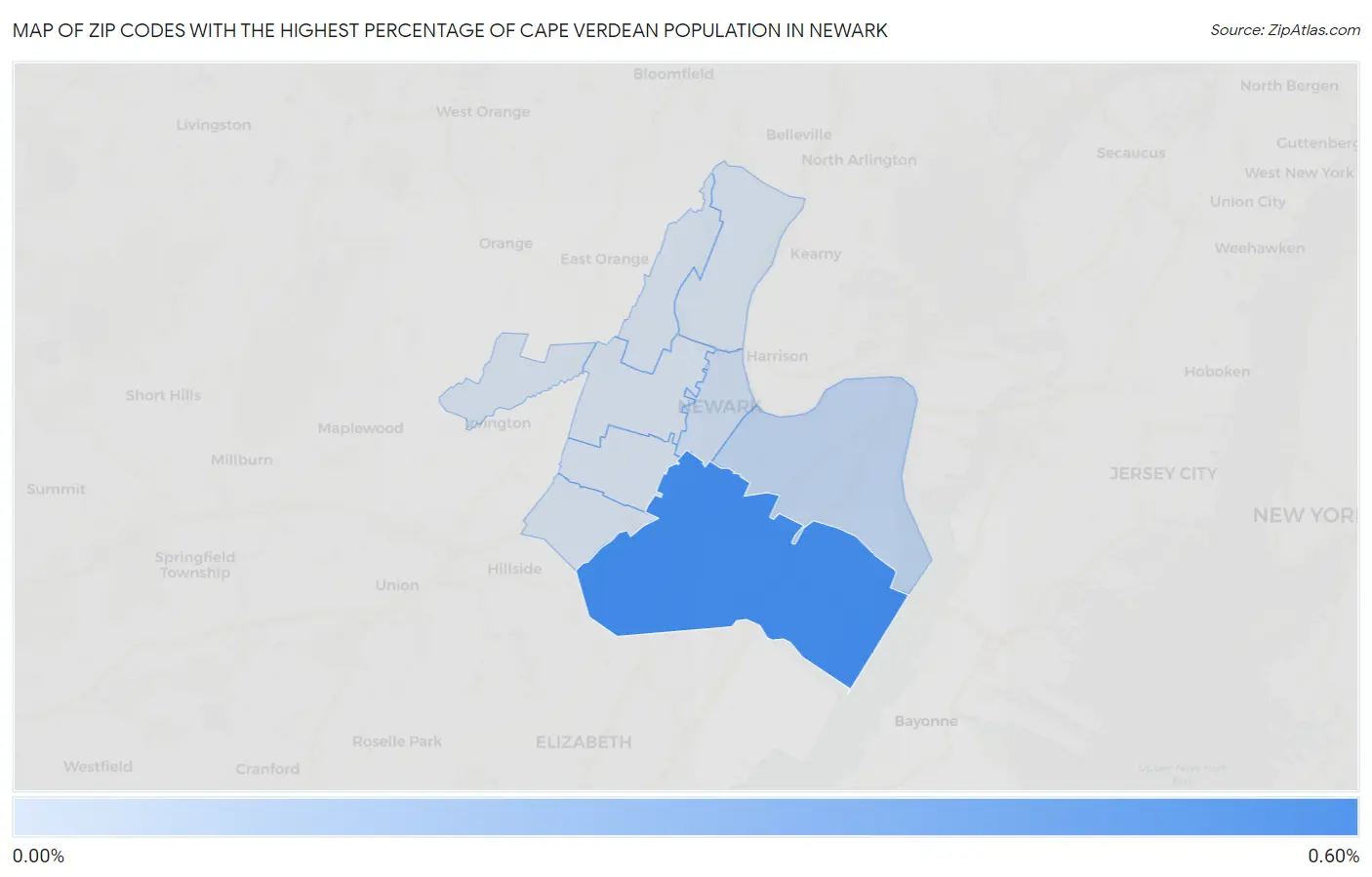 Zip Codes with the Highest Percentage of Cape Verdean Population in Newark Map