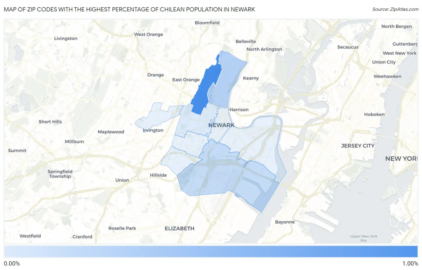 Zip Codes with the Highest Percentage of Chilean Population in Newark Map