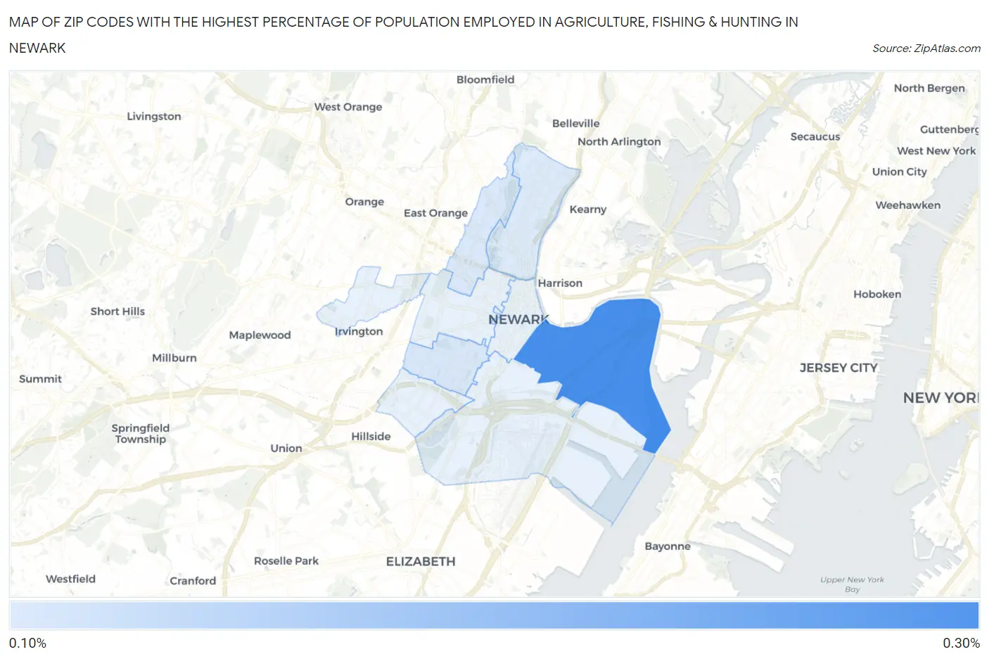 Zip Codes with the Highest Percentage of Population Employed in Agriculture, Fishing & Hunting in Newark Map