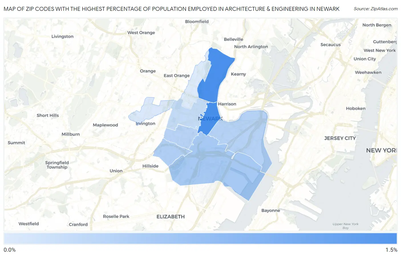 Zip Codes with the Highest Percentage of Population Employed in Architecture & Engineering in Newark Map