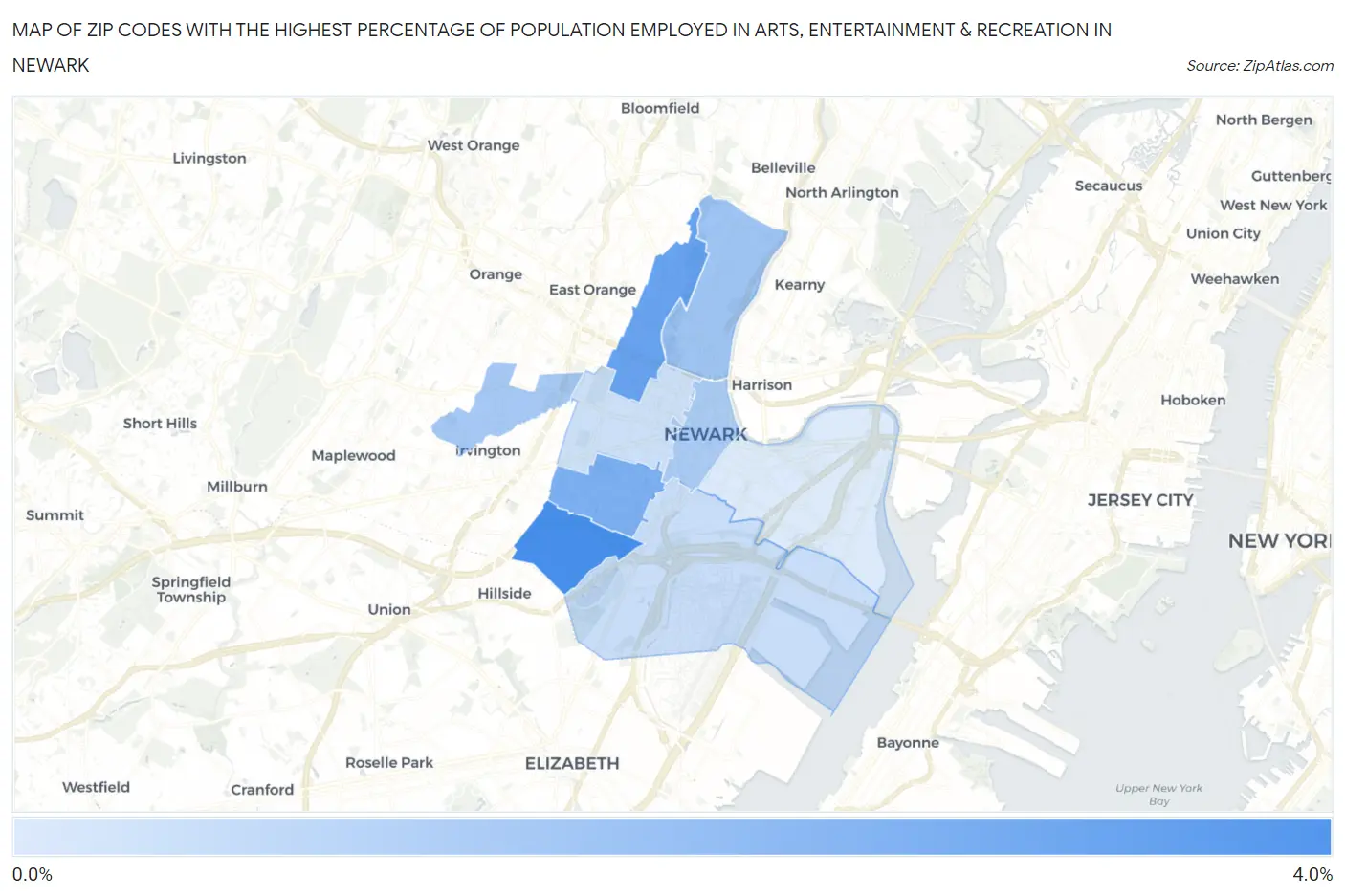 Zip Codes with the Highest Percentage of Population Employed in Arts, Entertainment & Recreation in Newark Map