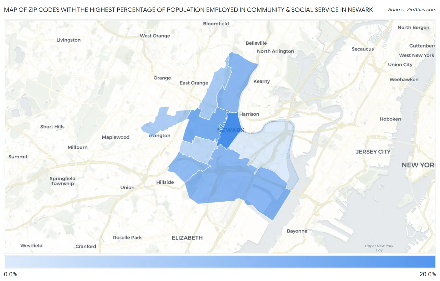 Zip Codes with the Highest Percentage of Population Employed in Community & Social Service  in Newark Map