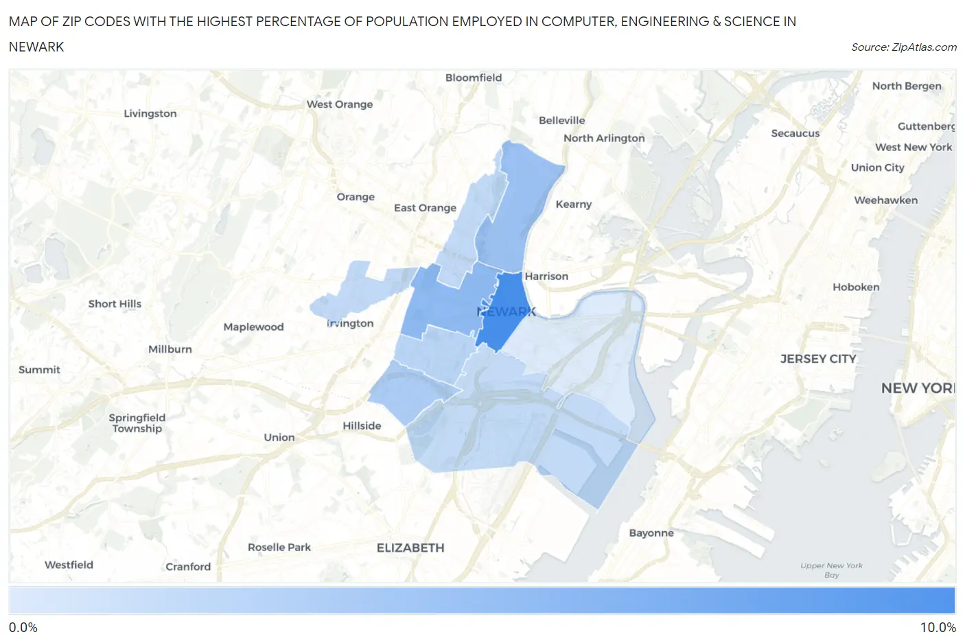 Zip Codes with the Highest Percentage of Population Employed in Computer, Engineering & Science in Newark Map