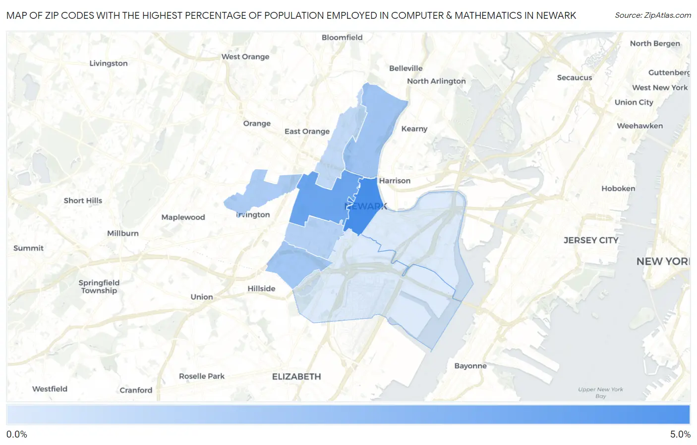 Zip Codes with the Highest Percentage of Population Employed in Computer & Mathematics in Newark Map