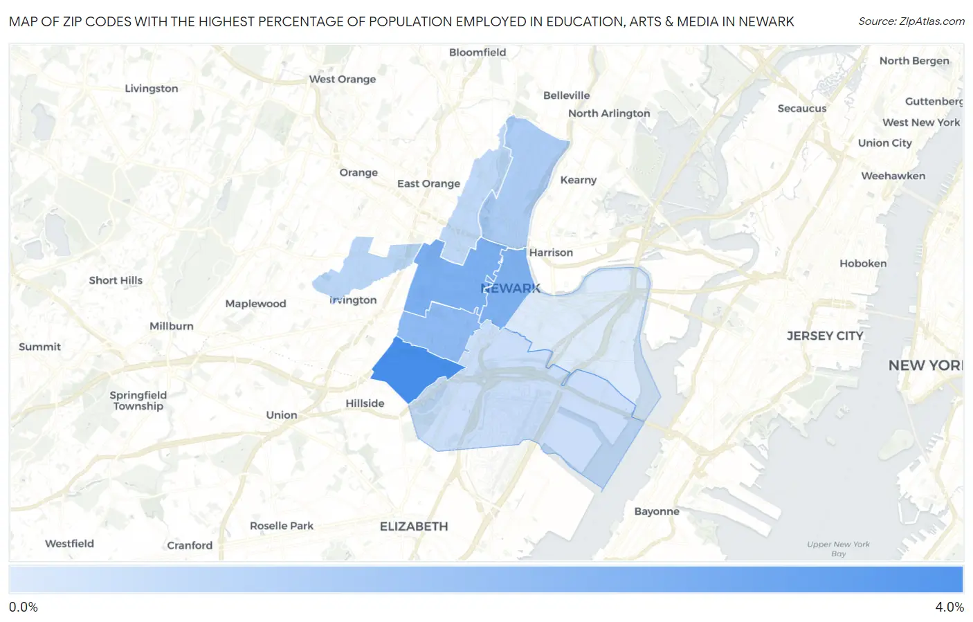 Zip Codes with the Highest Percentage of Population Employed in Education, Arts & Media in Newark Map