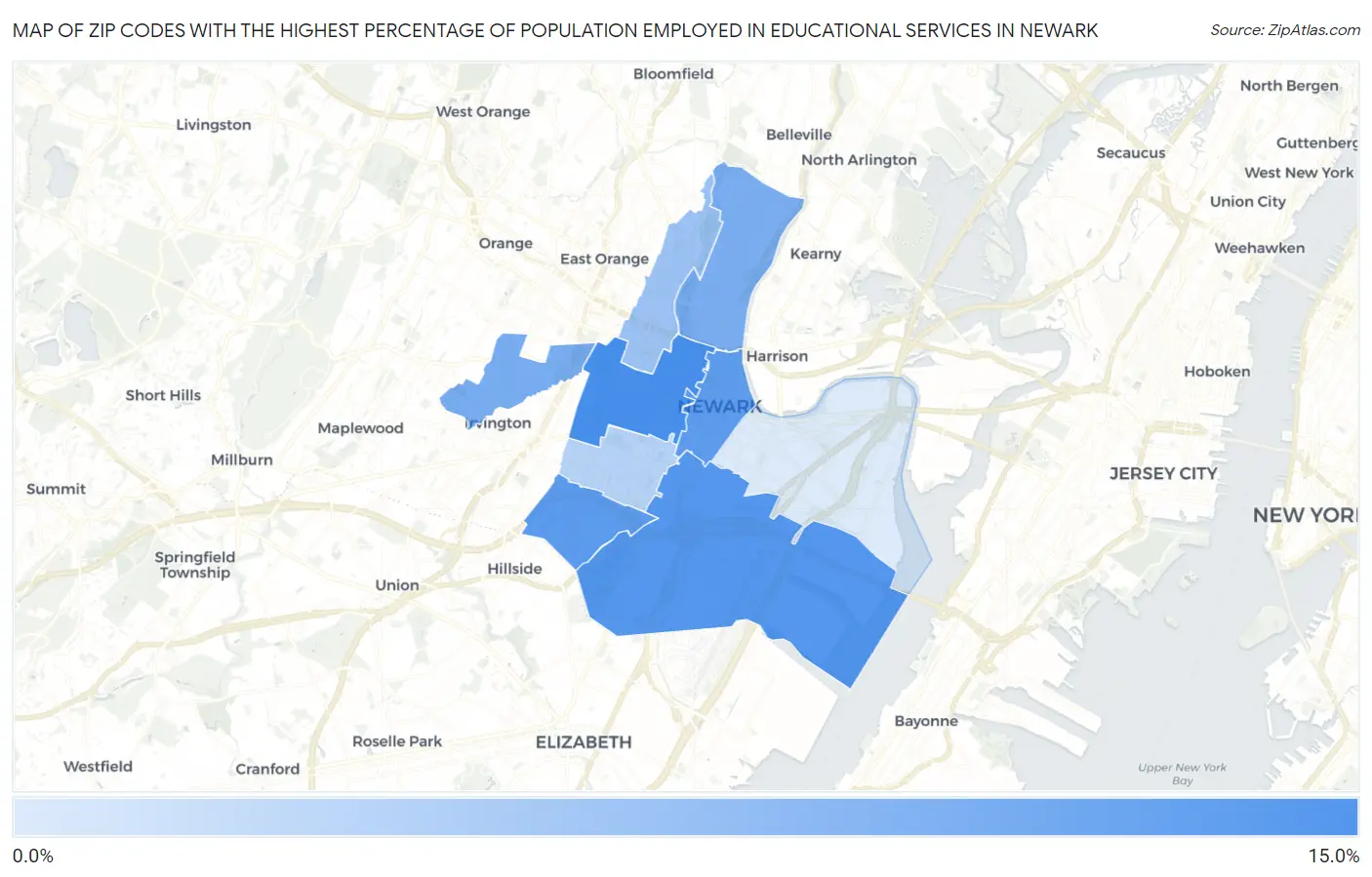 Zip Codes with the Highest Percentage of Population Employed in Educational Services in Newark Map