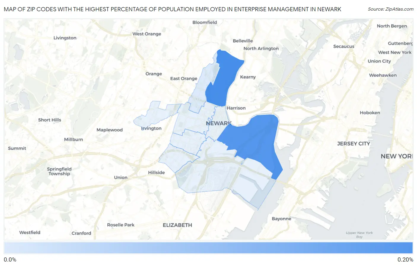Zip Codes with the Highest Percentage of Population Employed in Enterprise Management in Newark Map