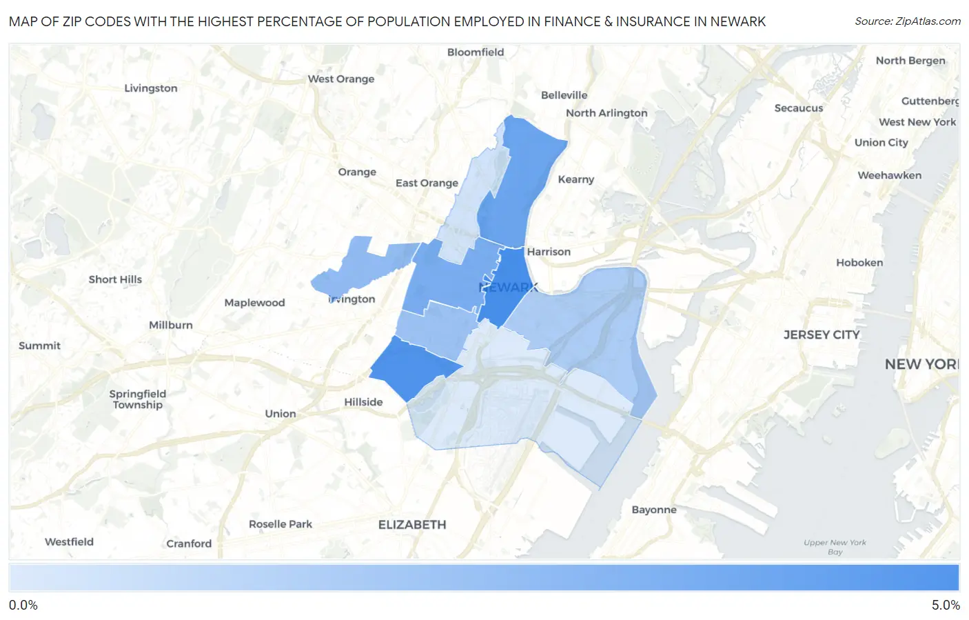 Zip Codes with the Highest Percentage of Population Employed in Finance & Insurance in Newark Map