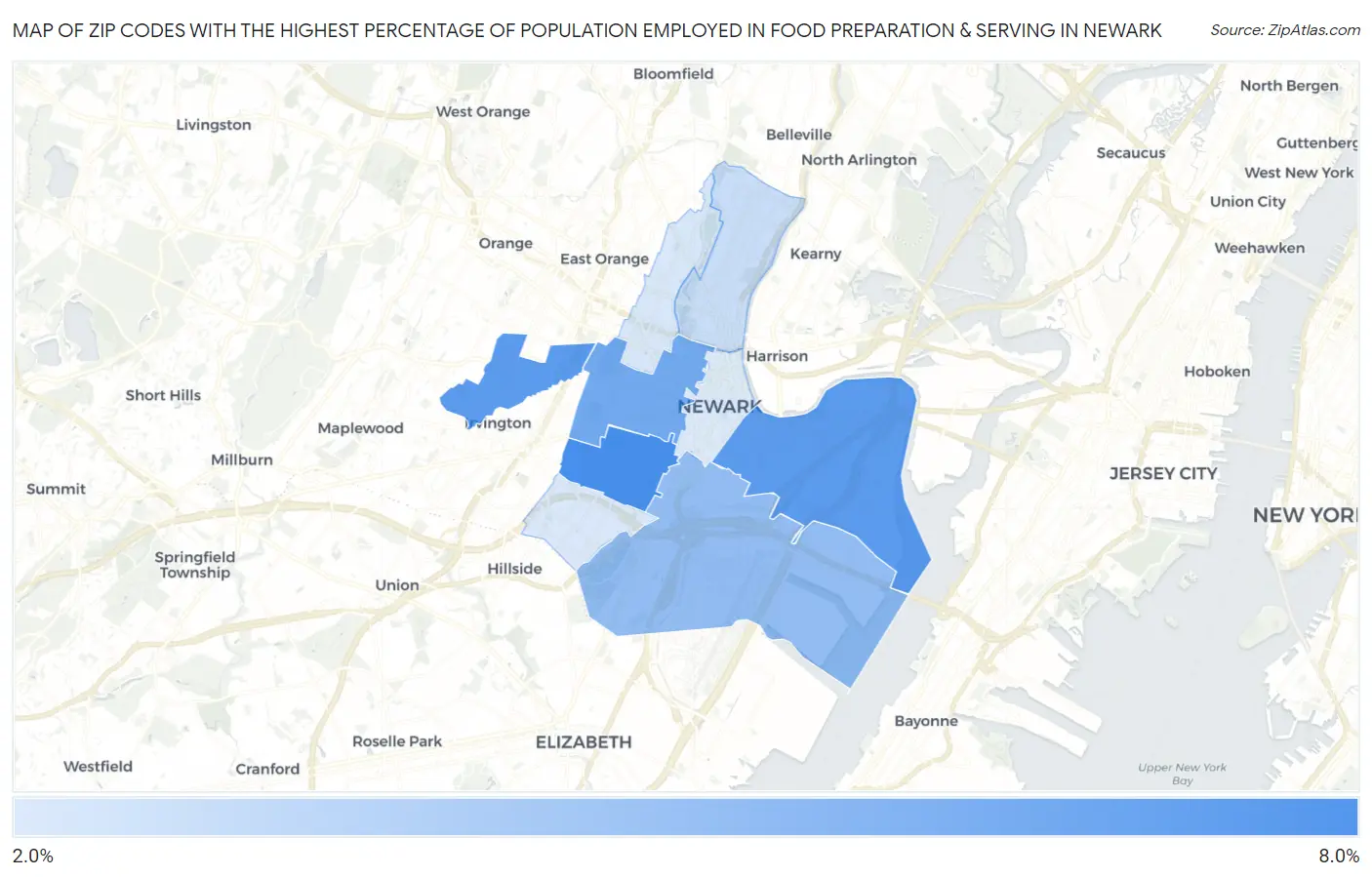 Zip Codes with the Highest Percentage of Population Employed in Food Preparation & Serving in Newark Map