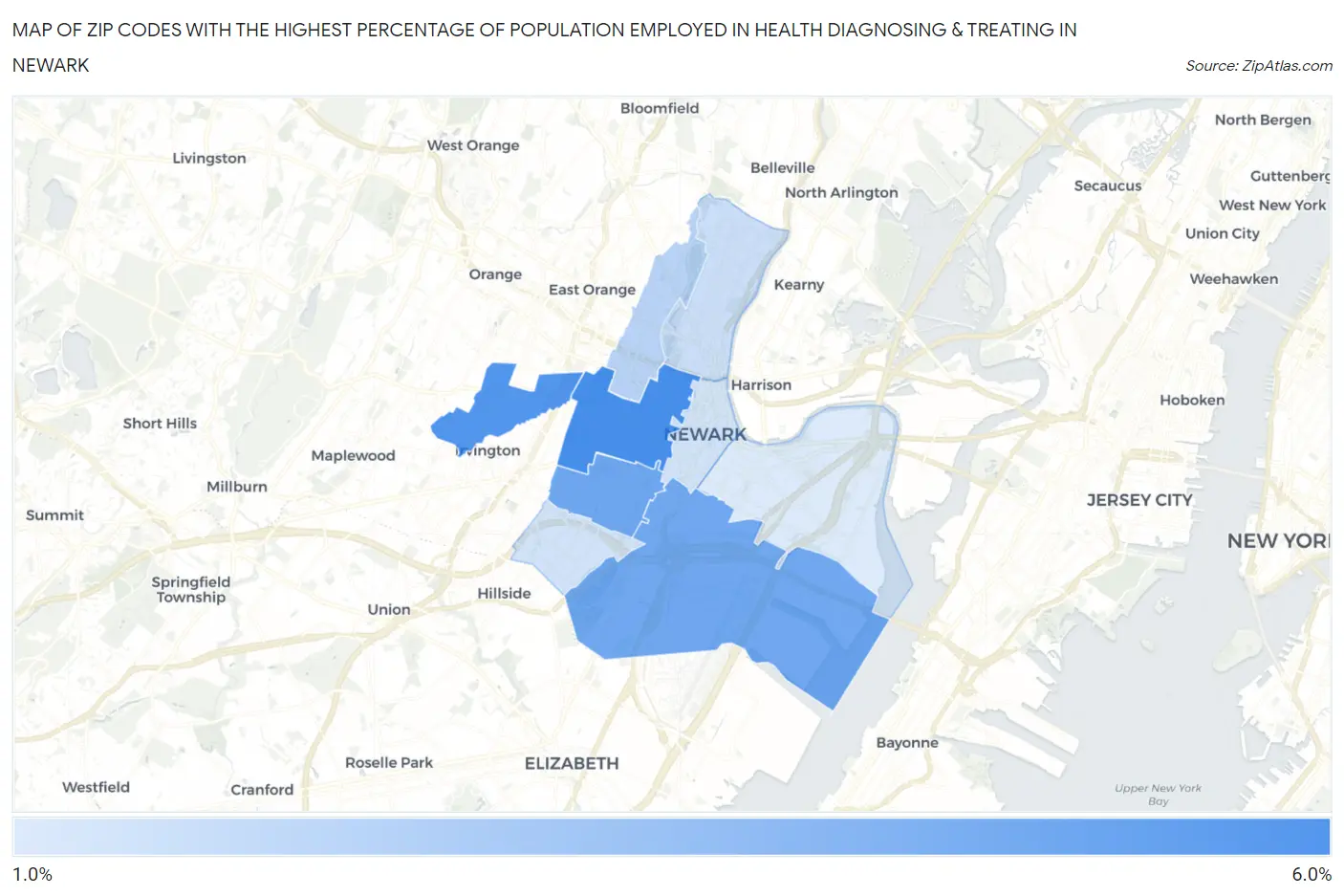 Zip Codes with the Highest Percentage of Population Employed in Health Diagnosing & Treating in Newark Map