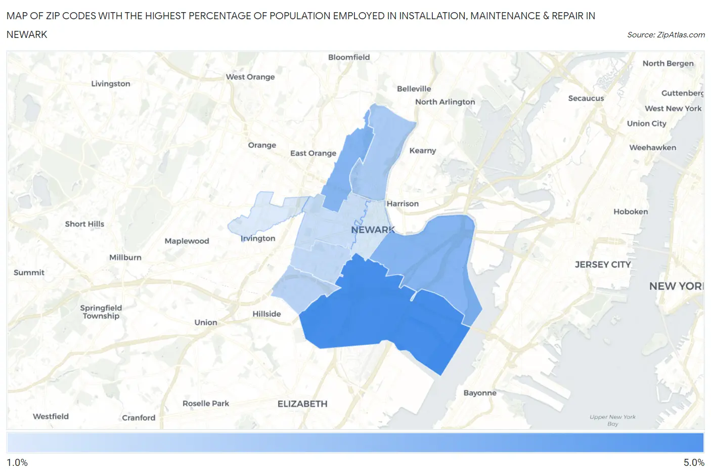 Zip Codes with the Highest Percentage of Population Employed in Installation, Maintenance & Repair in Newark Map
