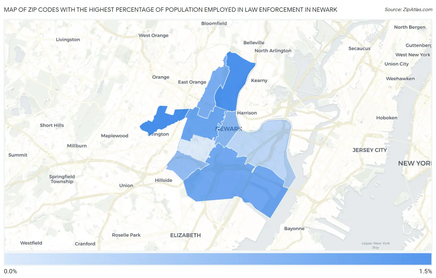 Zip Codes with the Highest Percentage of Population Employed in Law Enforcement in Newark Map
