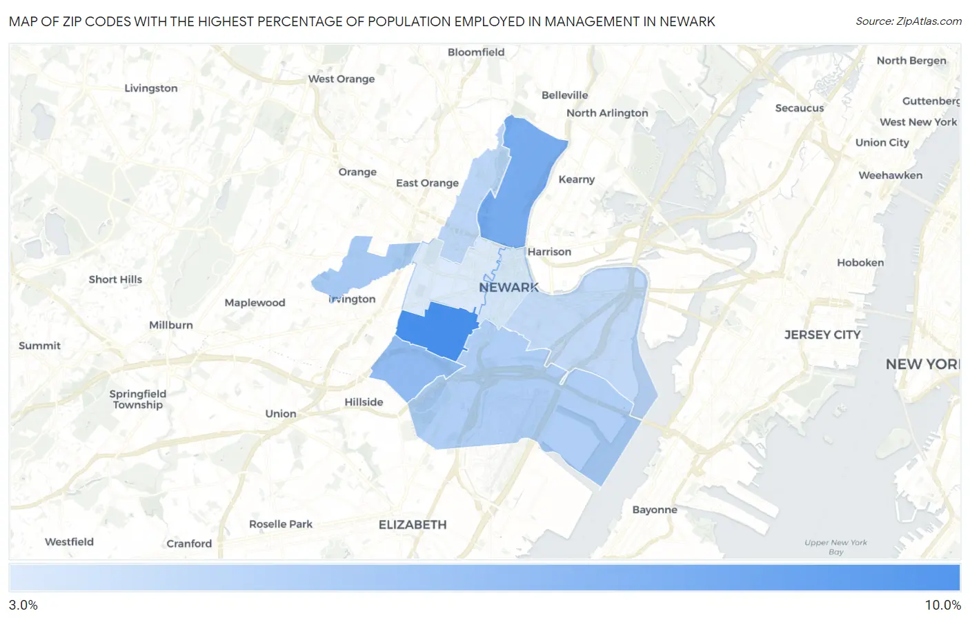 Zip Codes with the Highest Percentage of Population Employed in Management in Newark Map