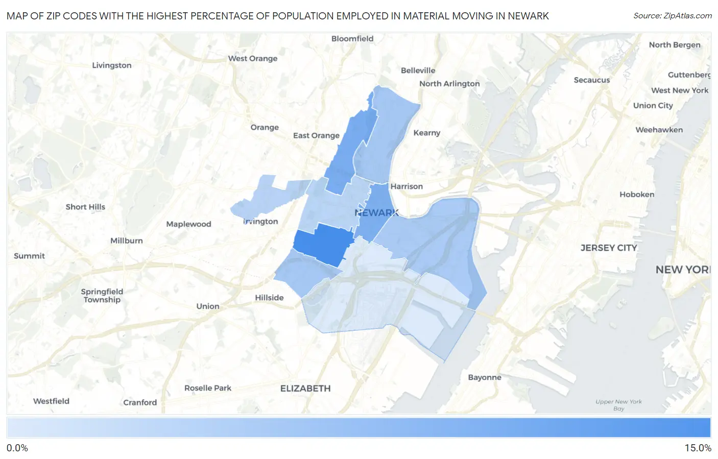 Zip Codes with the Highest Percentage of Population Employed in Material Moving in Newark Map