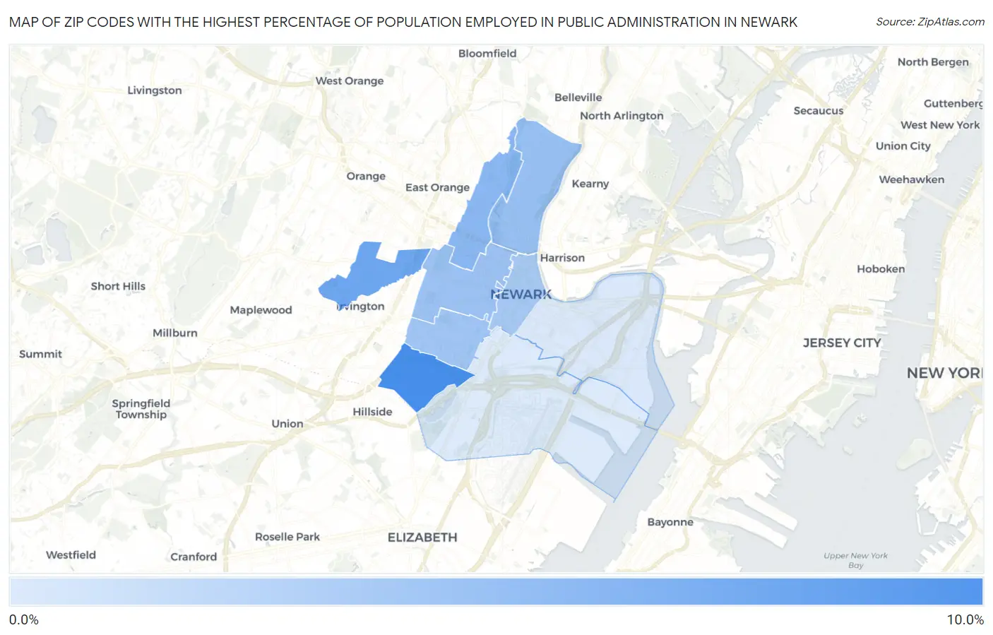 Zip Codes with the Highest Percentage of Population Employed in Public Administration in Newark Map