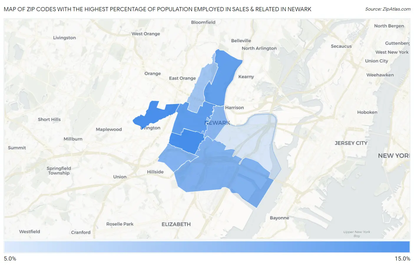 Zip Codes with the Highest Percentage of Population Employed in Sales & Related in Newark Map