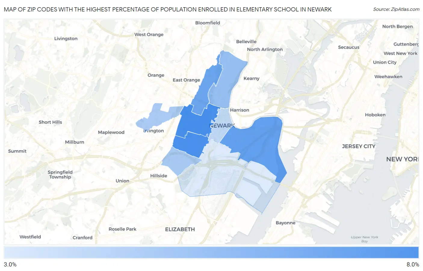 Zip Codes with the Highest Percentage of Population Enrolled in Elementary School in Newark Map