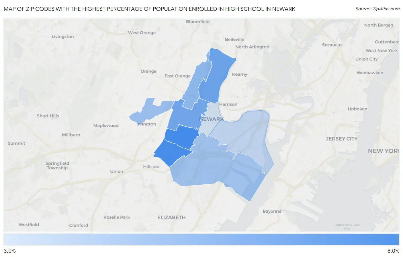 Zip Codes with the Highest Percentage of Population Enrolled in High School in Newark Map