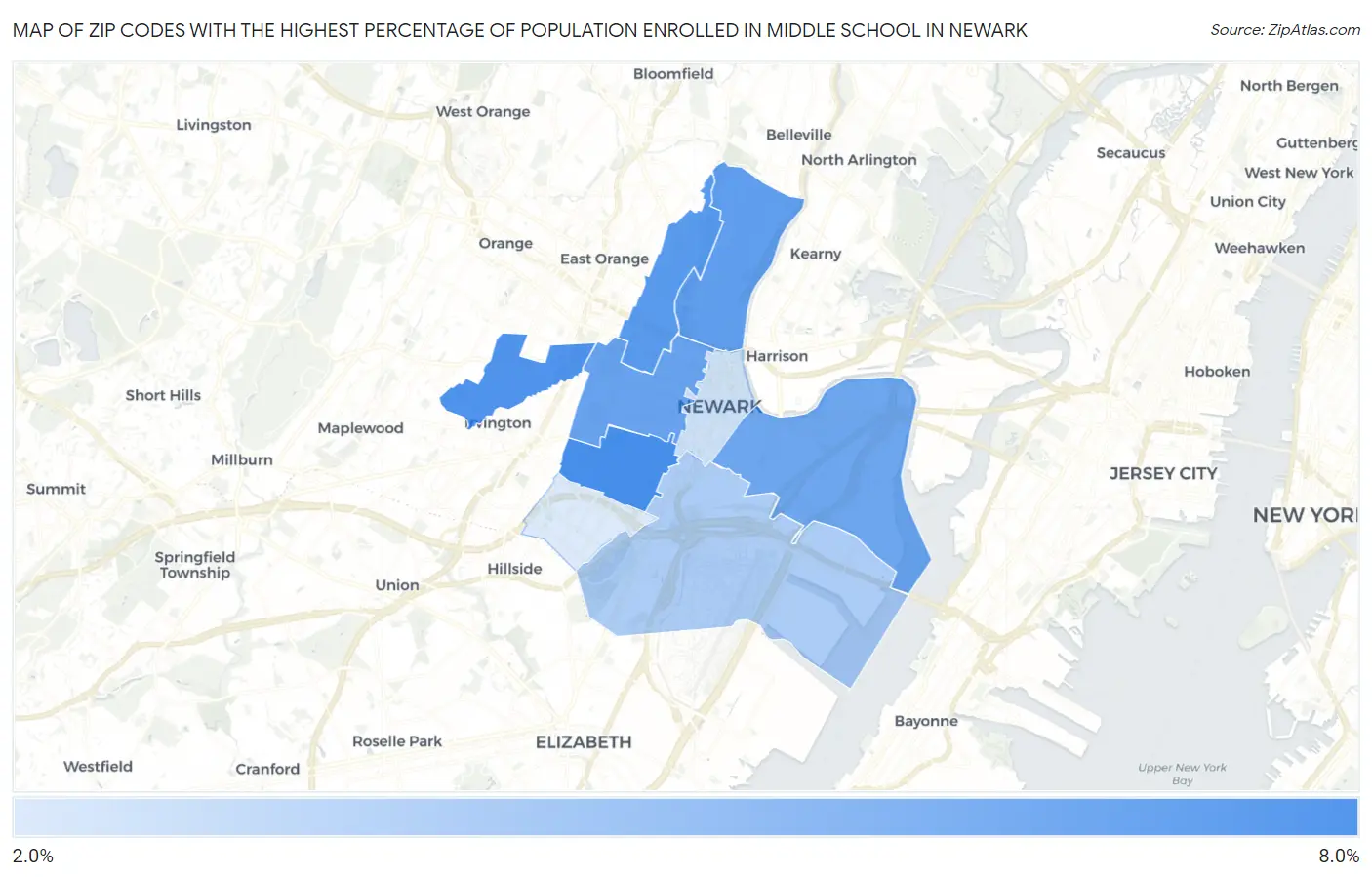 Zip Codes with the Highest Percentage of Population Enrolled in Middle School in Newark Map