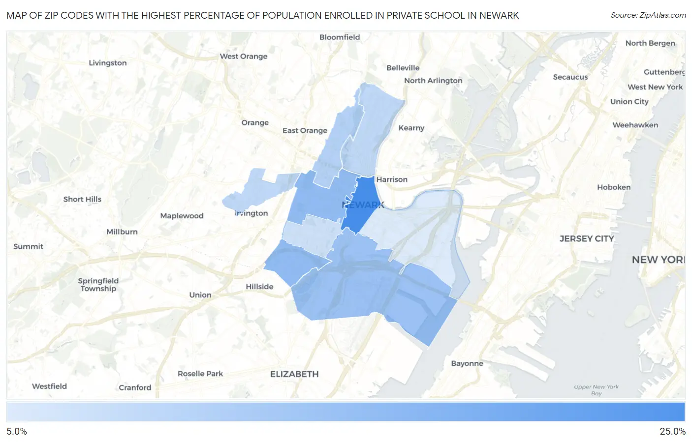 Zip Codes with the Highest Percentage of Population Enrolled in Private School in Newark Map