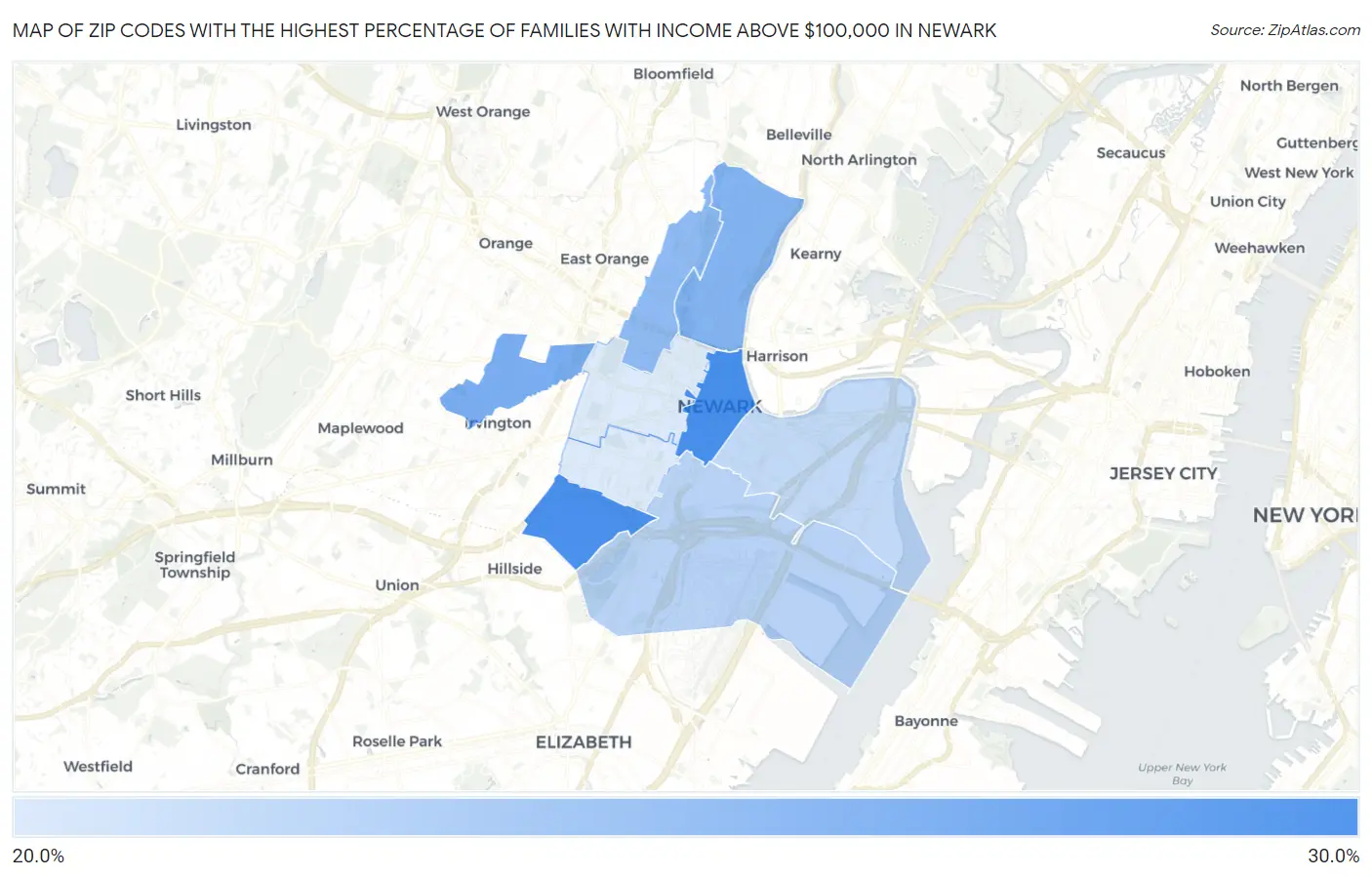 Zip Codes with the Highest Percentage of Families with Income Above $100,000 in Newark Map