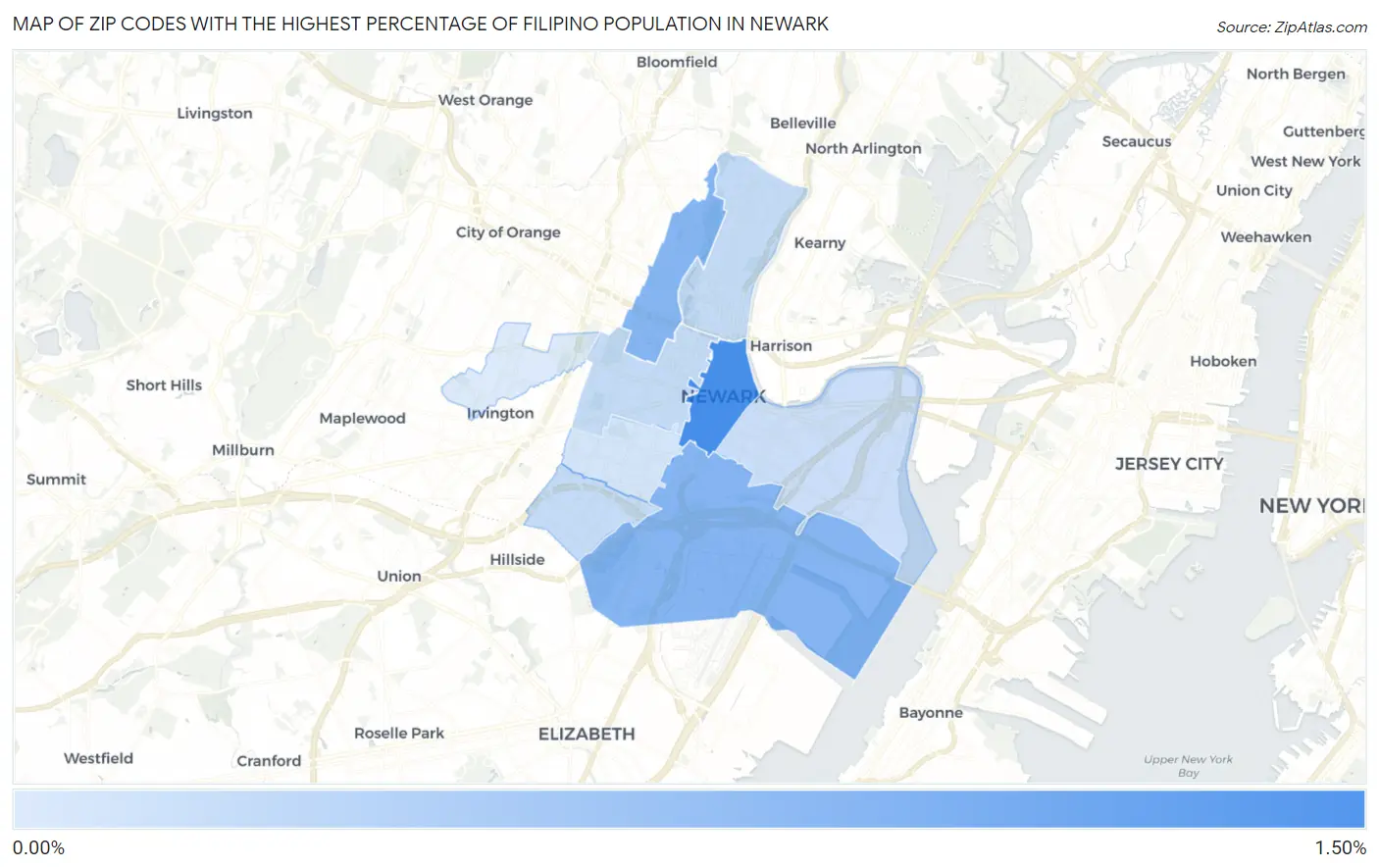Zip Codes with the Highest Percentage of Filipino Population in Newark Map
