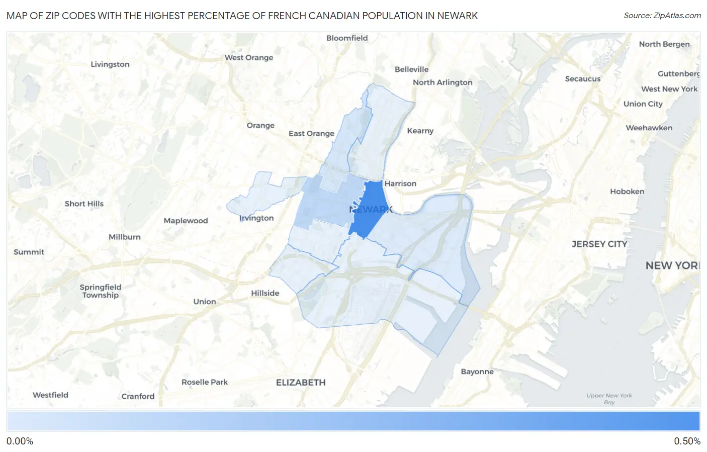 Zip Codes with the Highest Percentage of French Canadian Population in Newark Map