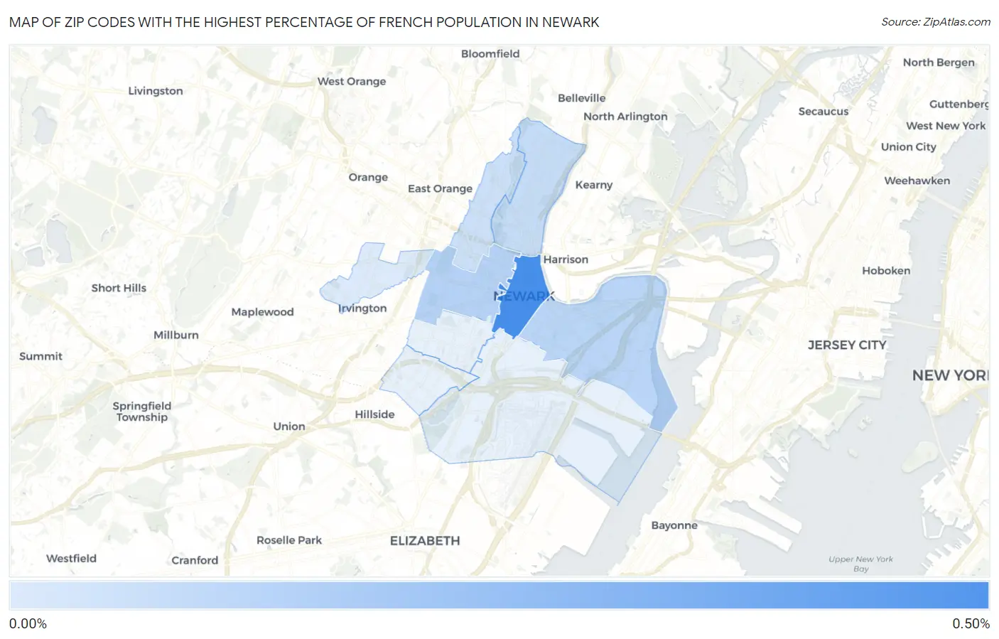 Zip Codes with the Highest Percentage of French Population in Newark Map