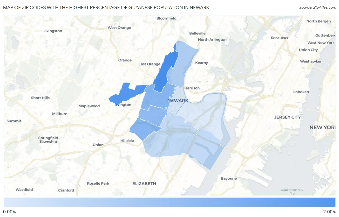 Zip Codes with the Highest Percentage of Guyanese Population in Newark Map