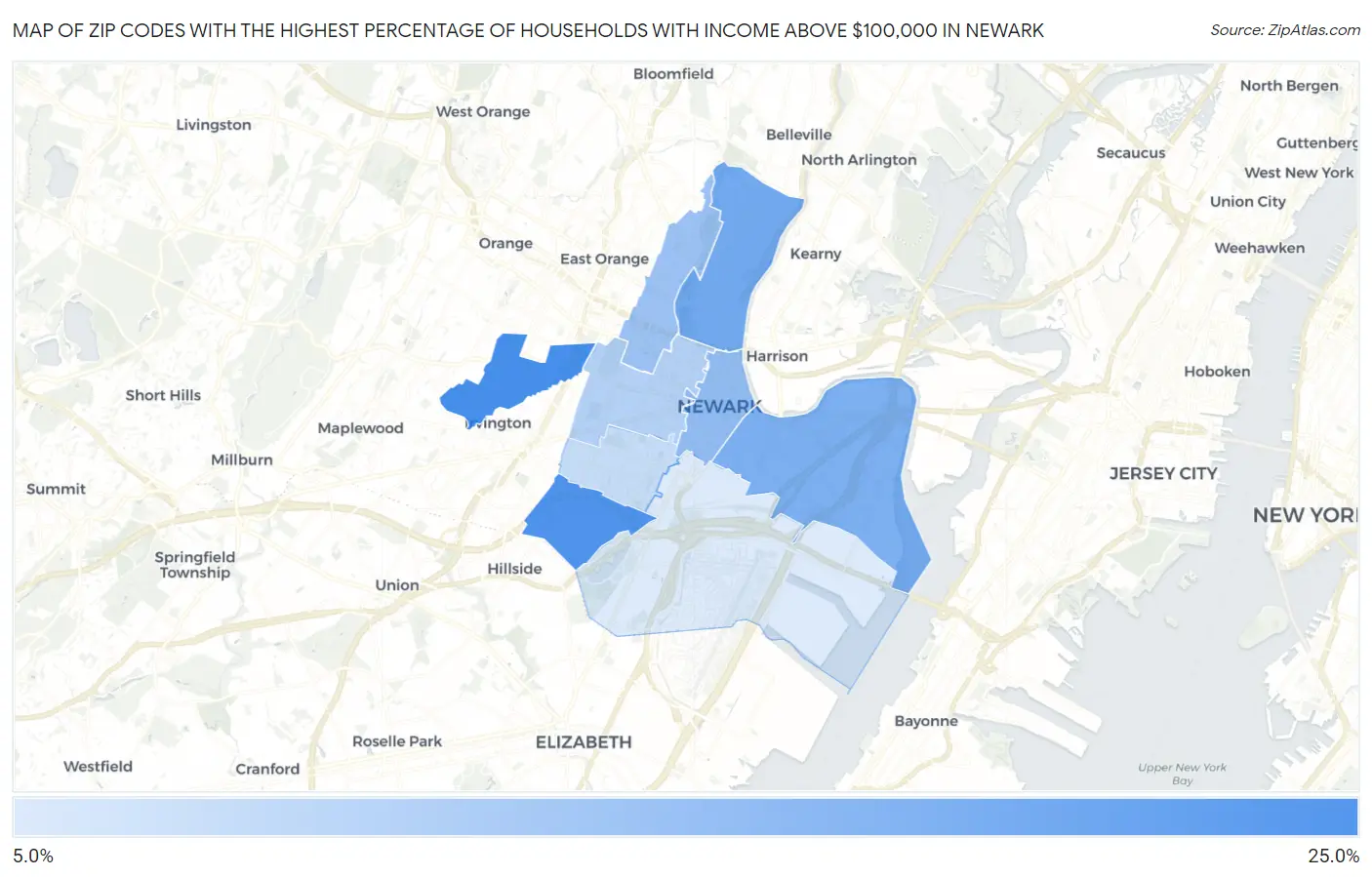 Zip Codes with the Highest Percentage of Households with Income Above $100,000 in Newark Map