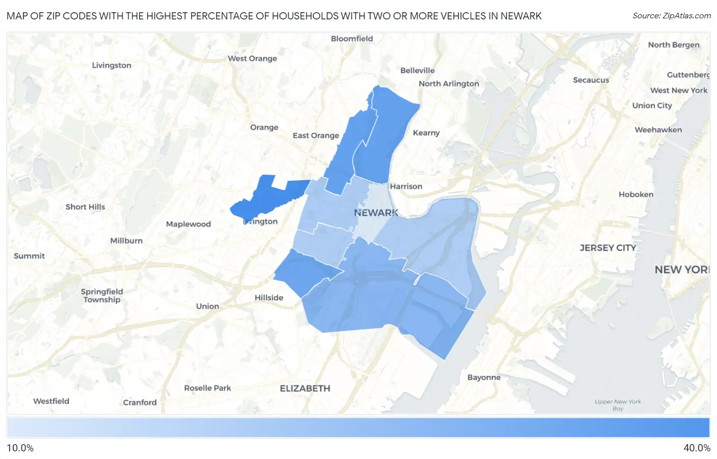 Zip Codes with the Highest Percentage of Households With Two or more Vehicles in Newark Map
