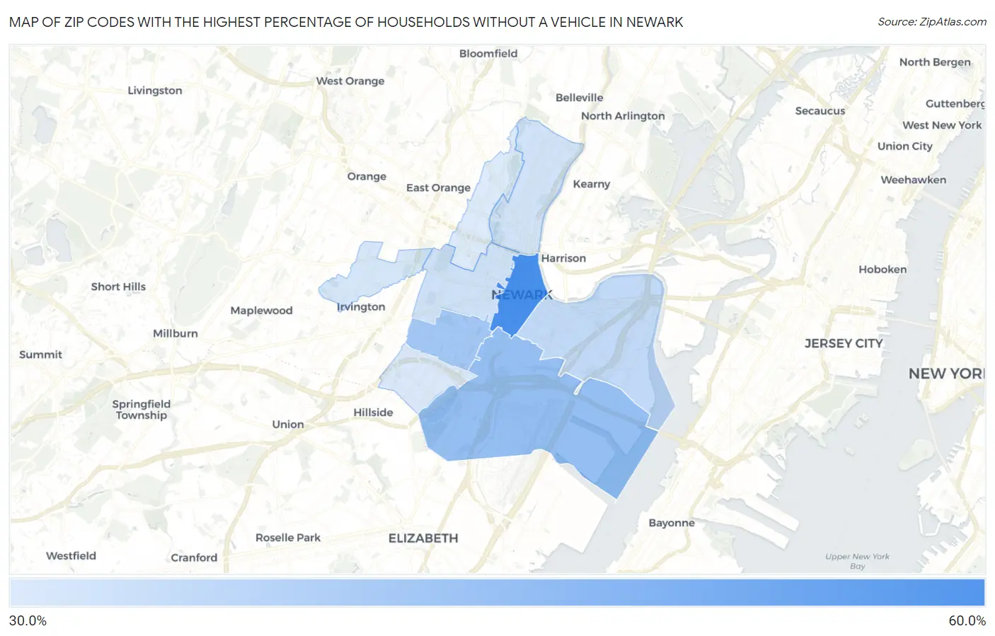 Zip Codes with the Highest Percentage of Households Without a Vehicle in Newark Map