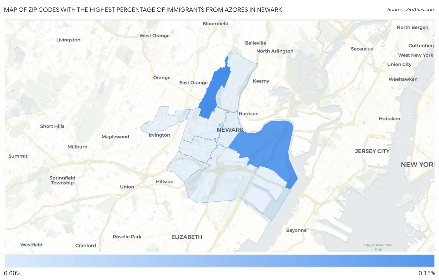 Zip Codes with the Highest Percentage of Immigrants from Azores in Newark Map
