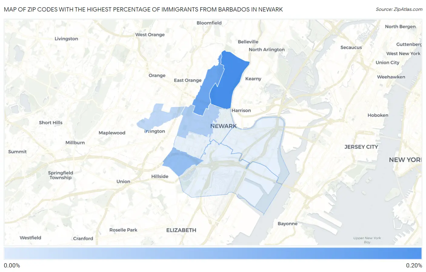 Zip Codes with the Highest Percentage of Immigrants from Barbados in Newark Map