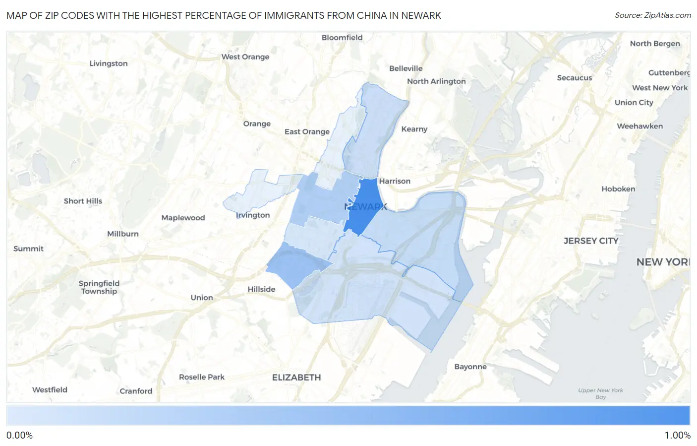 Zip Codes with the Highest Percentage of Immigrants from China in Newark Map